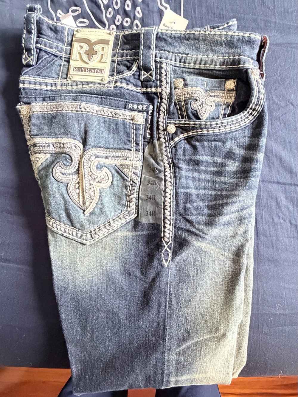 Buckle Men's Dark Blue Straight Jeans with White Contrast Stitching
